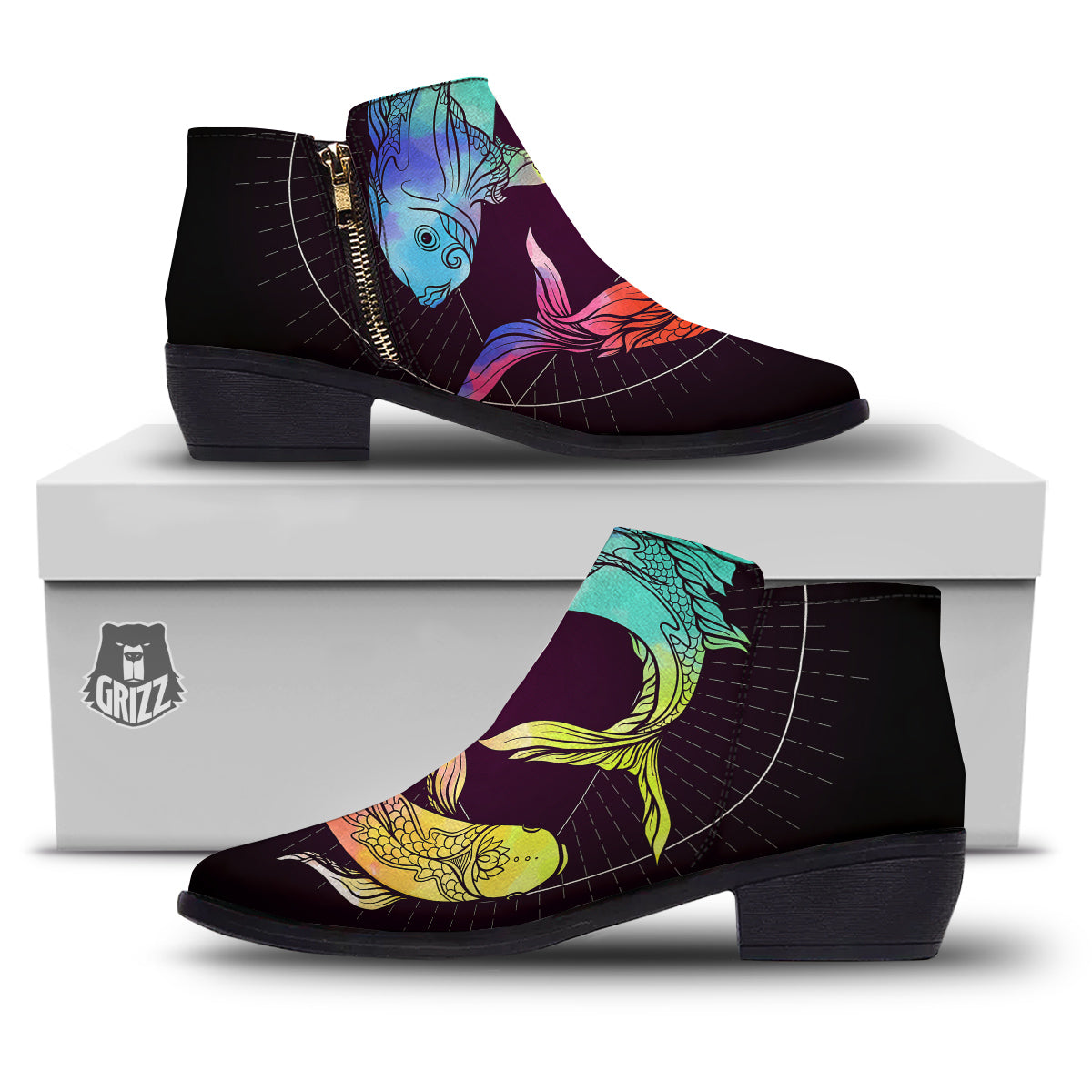 Pisces Sign Colorful Print Ankle Boots-grizzshop