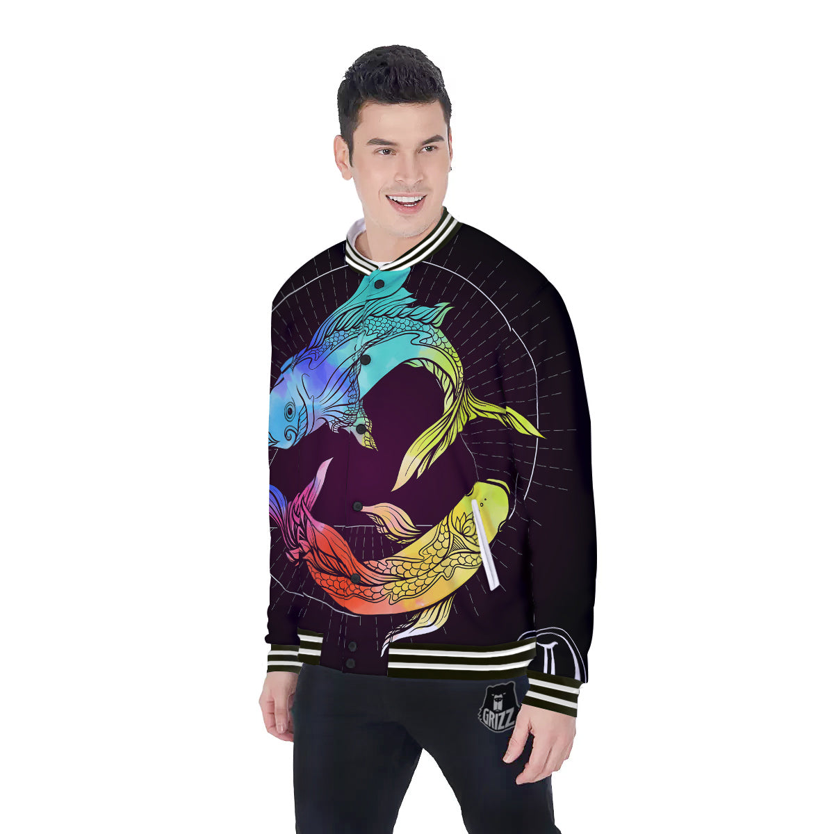 Pisces Sign Colorful Print Baseball Jacket-grizzshop