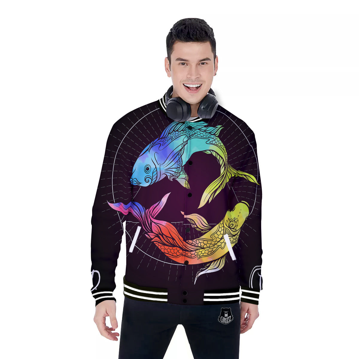 Pisces Sign Colorful Print Baseball Jacket-grizzshop