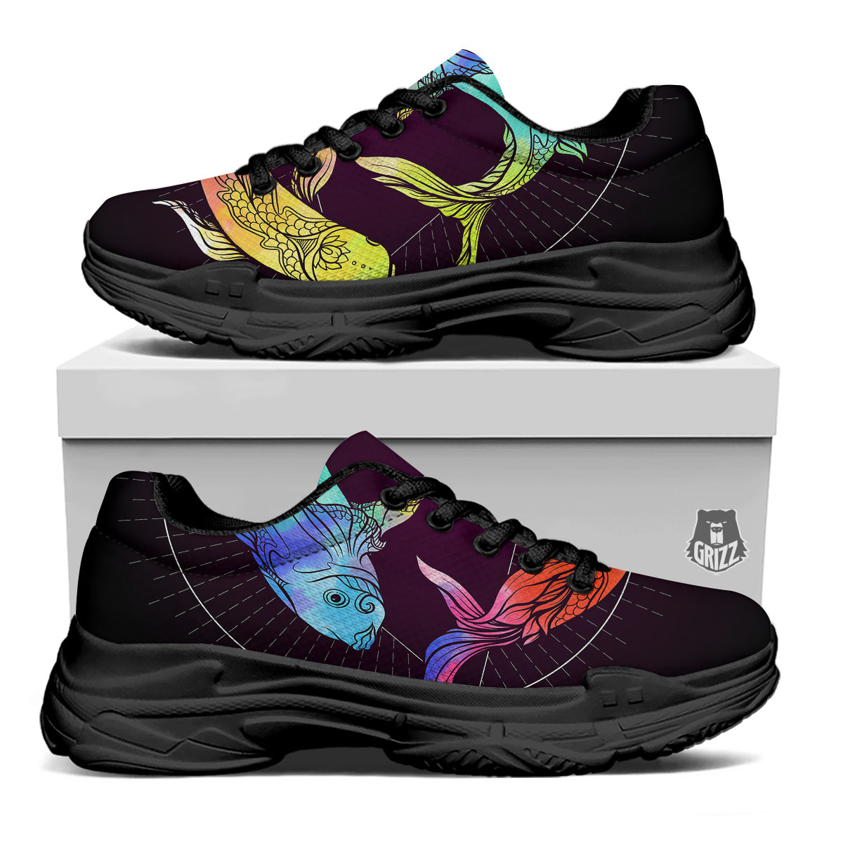 Pisces Sign Colorful Print Black Chunky Shoes-grizzshop