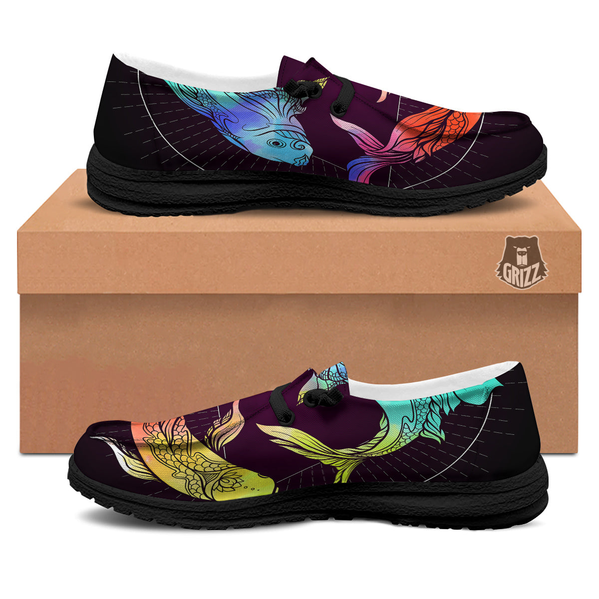 Pisces Sign Colorful Print Black Loafers-grizzshop