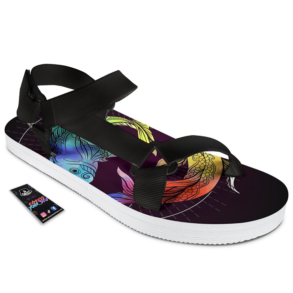 Pisces Sign Colorful Print Black Open Toe Sandals-grizzshop