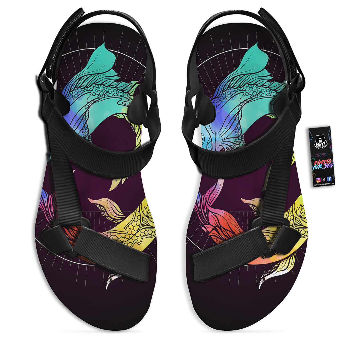 Pisces Sign Colorful Print Black Open Toe Sandals-grizzshop