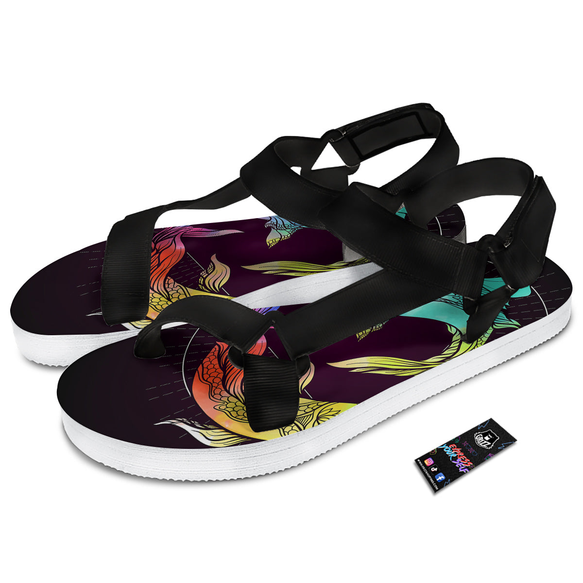 Pisces Sign Colorful Print Black Open Toe Sandals-grizzshop