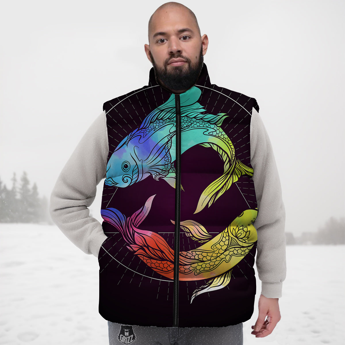 Pisces Sign Colorful Print Down Vest