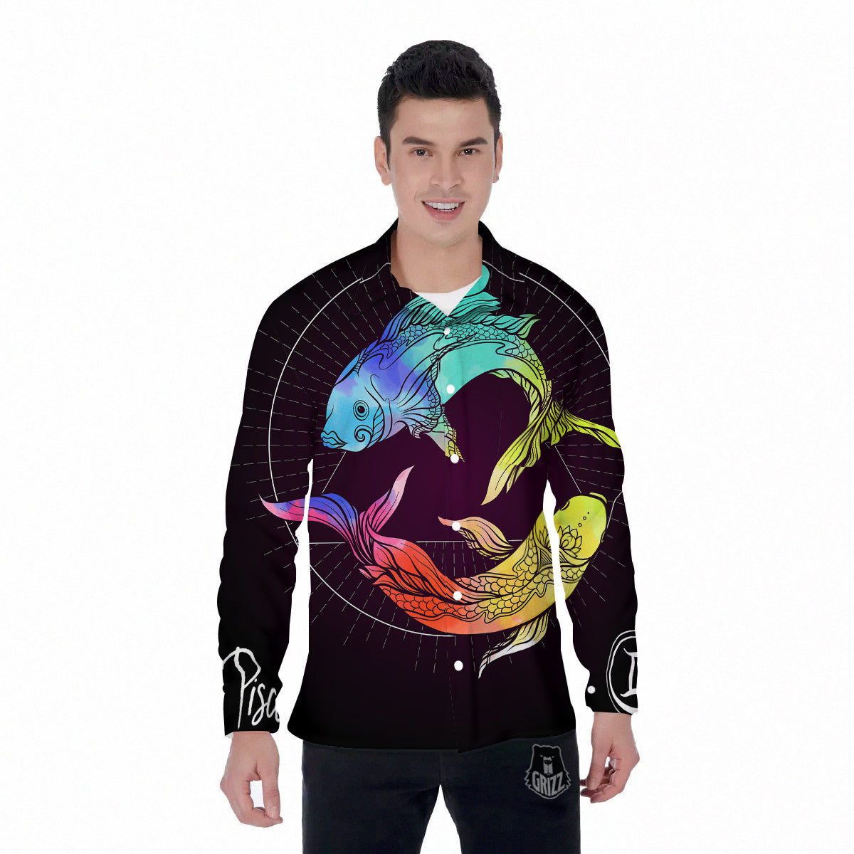 Pisces Sign Colorful Print Men's Long Sleeve Shirts-grizzshop