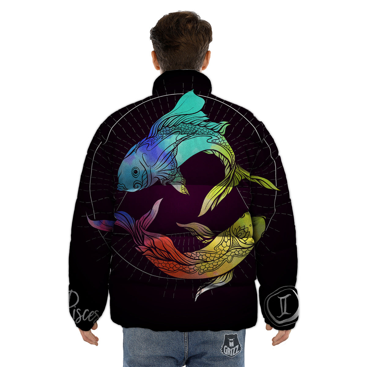 Pisces Sign Colorful Print Puffer Jacket-grizzshop