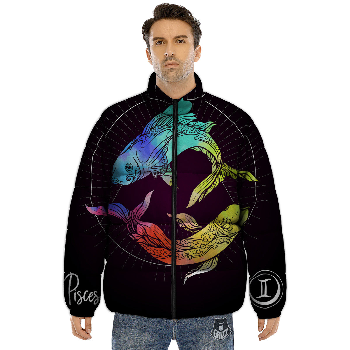 Pisces Sign Colorful Print Puffer Jacket-grizzshop