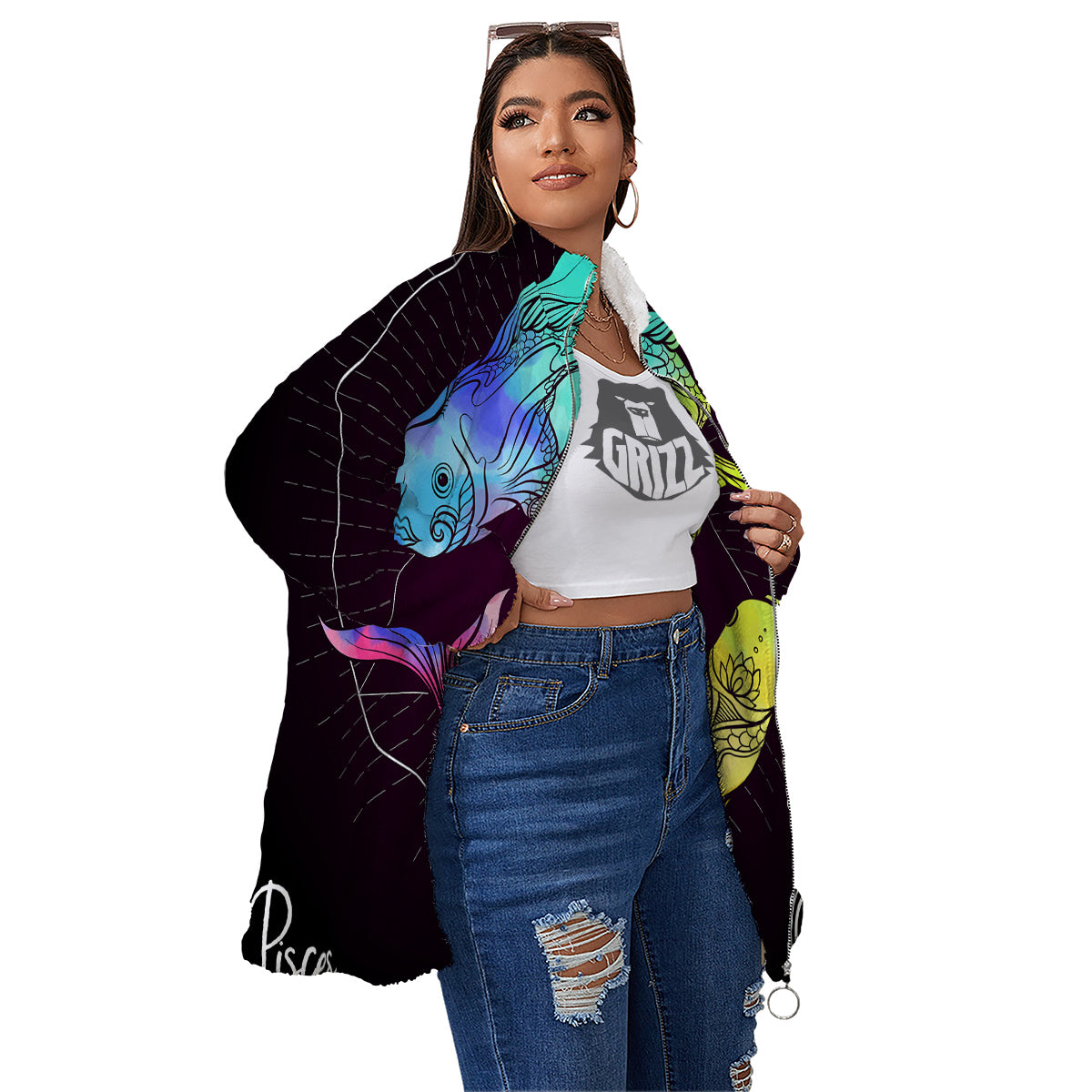 Pisces Sign Colorful Print Women's Sherpa Jacket-grizzshop