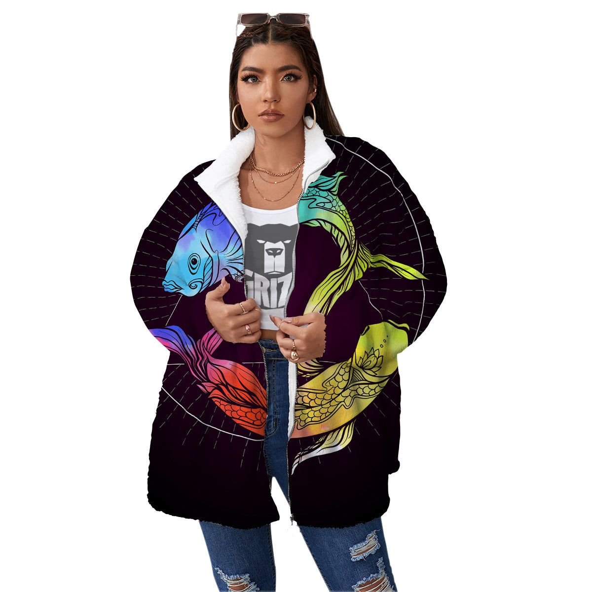 Pisces Sign Colorful Print Women's Sherpa Jacket-grizzshop