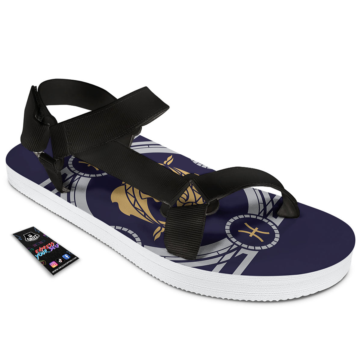 Pisces Sign Horoscope Print Black Open Toe Sandals-grizzshop
