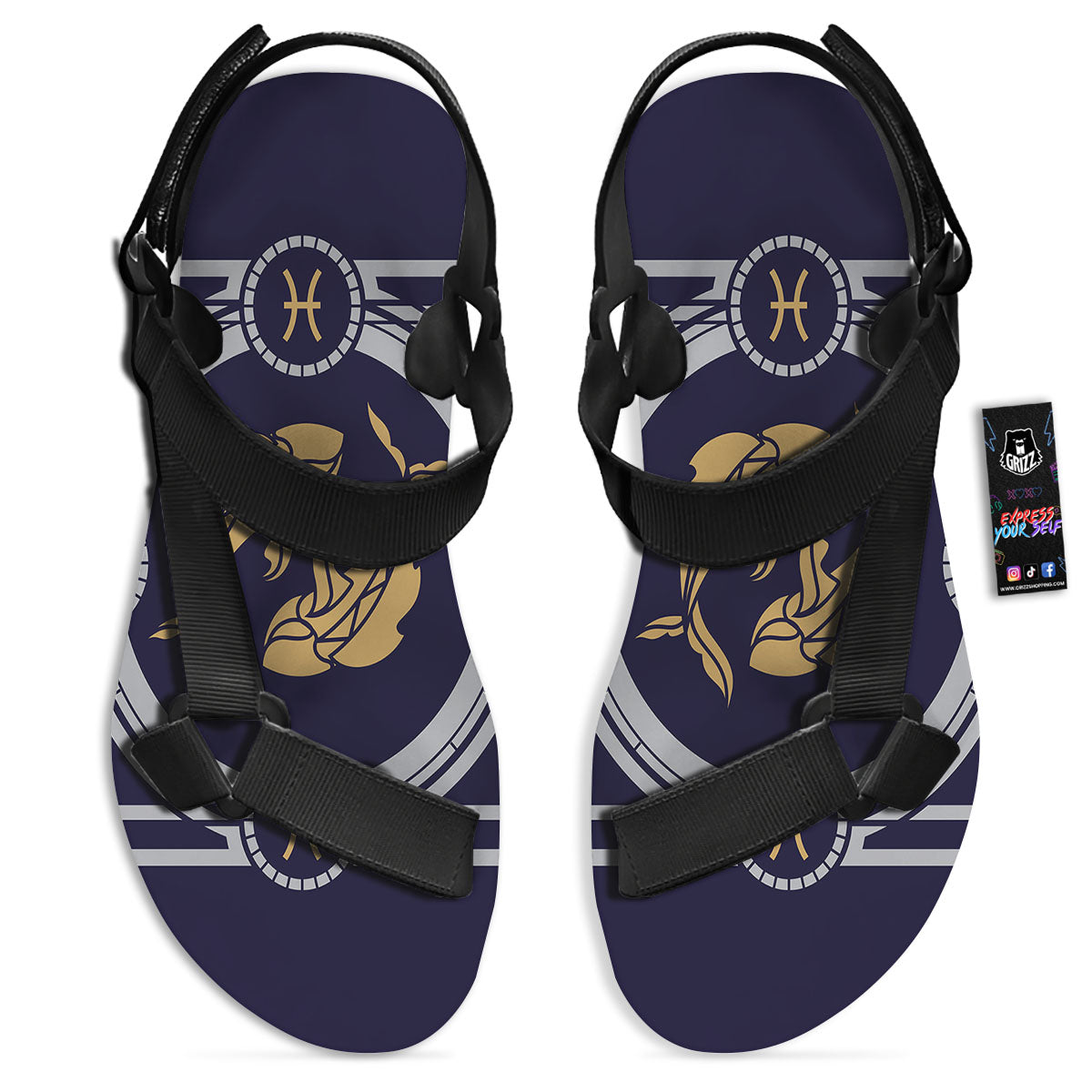 Pisces Sign Horoscope Print Black Open Toe Sandals-grizzshop