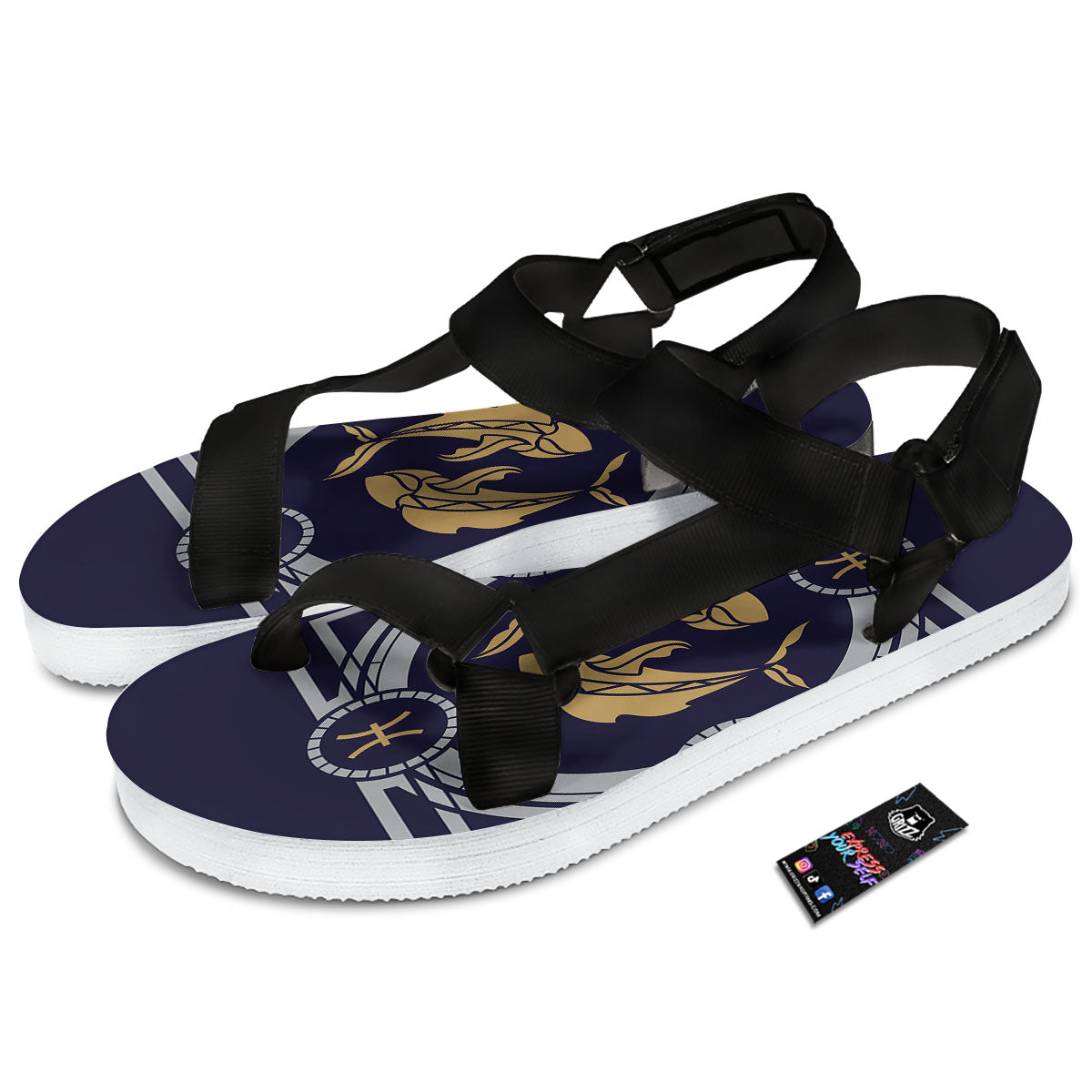 Pisces Sign Horoscope Print Black Open Toe Sandals-grizzshop