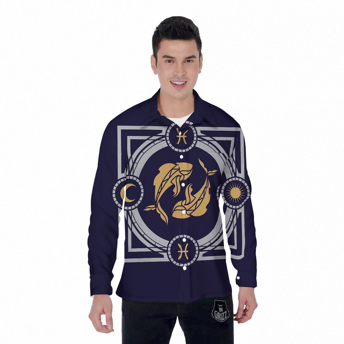 Pisces Sign Horoscope Print Men's Long Sleeve Shirts-grizzshop