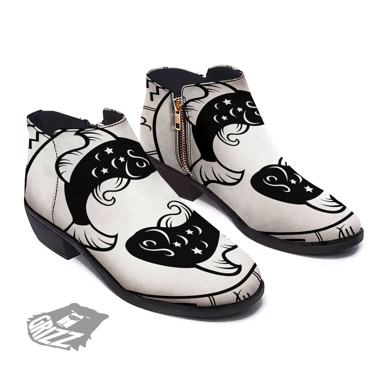 Pisces Sign White And Black Print Ankle Boots-grizzshop