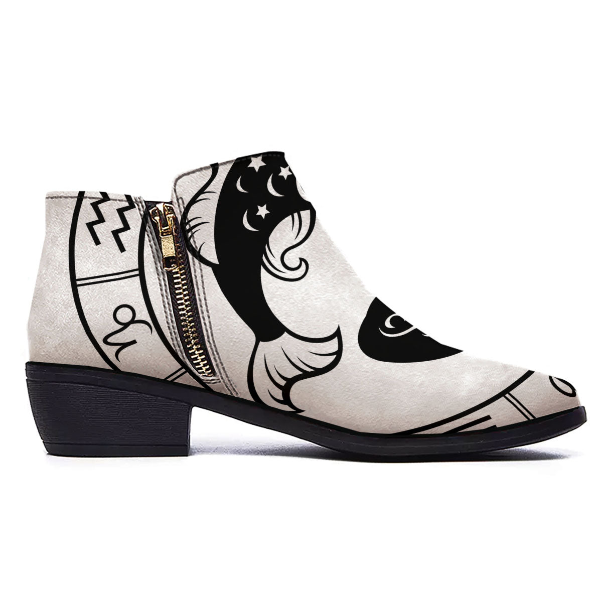 Pisces Sign White And Black Print Ankle Boots-grizzshop