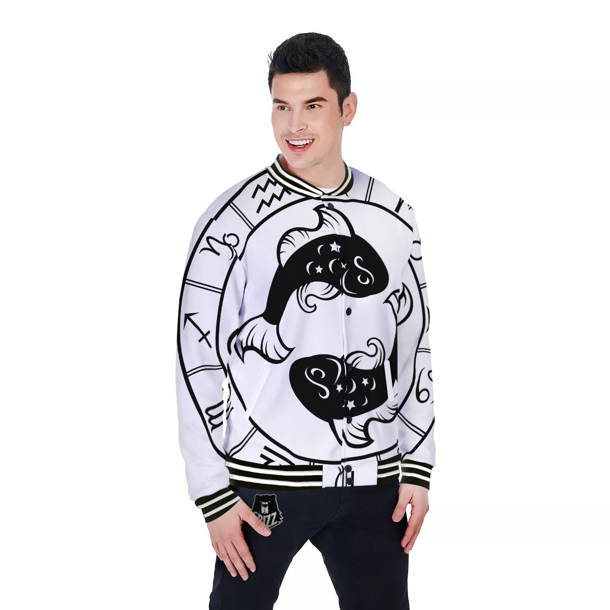 Pisces Sign White And Black Print Baseball Jacket-grizzshop