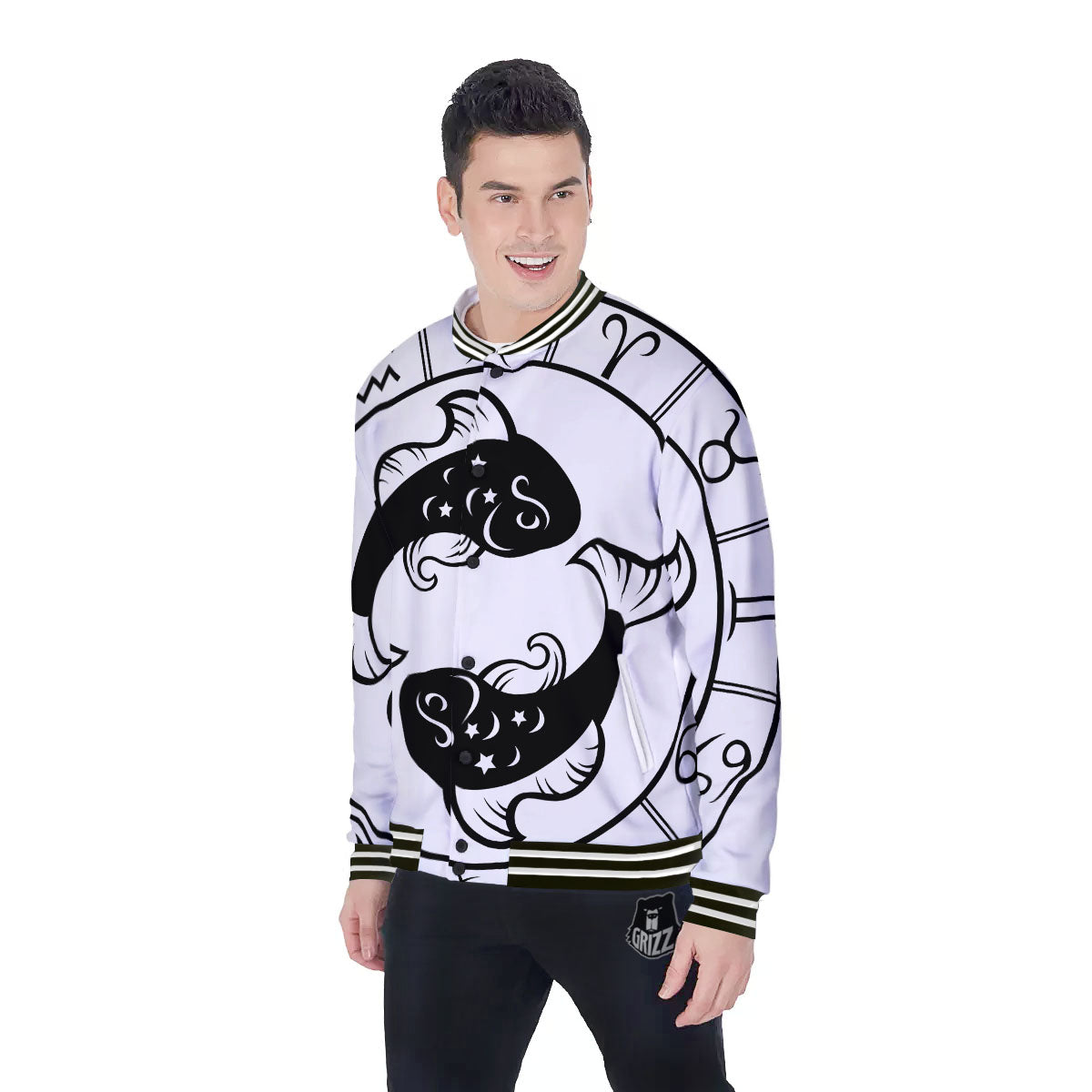 Pisces Sign White And Black Print Baseball Jacket-grizzshop