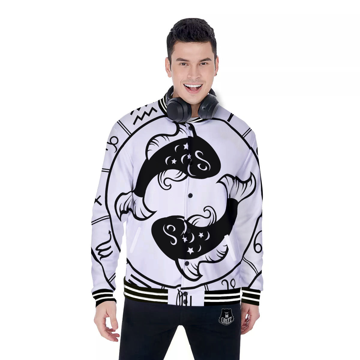 Pisces Sign White And Black Print Baseball Jacket-grizzshop