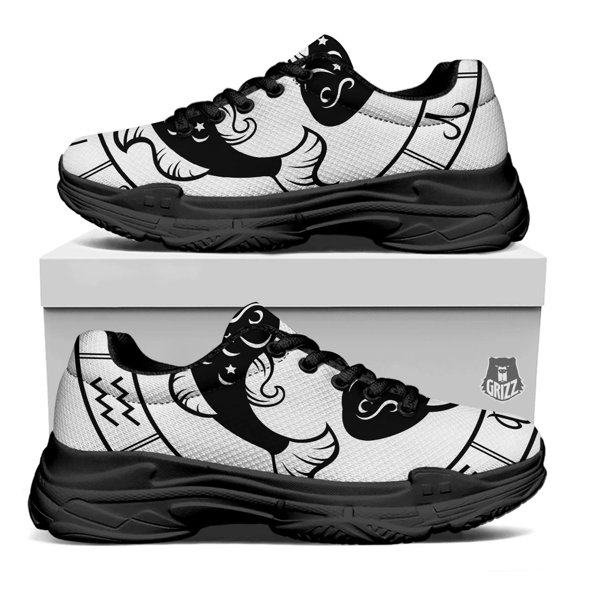 Pisces Sign White And Black Print Black Chunky Shoes-grizzshop