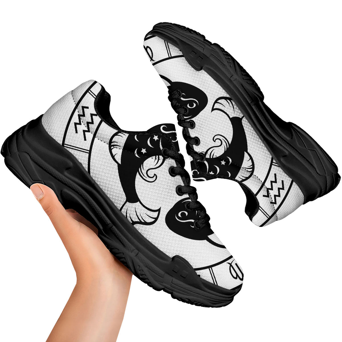 Pisces Sign White And Black Print Black Chunky Shoes-grizzshop