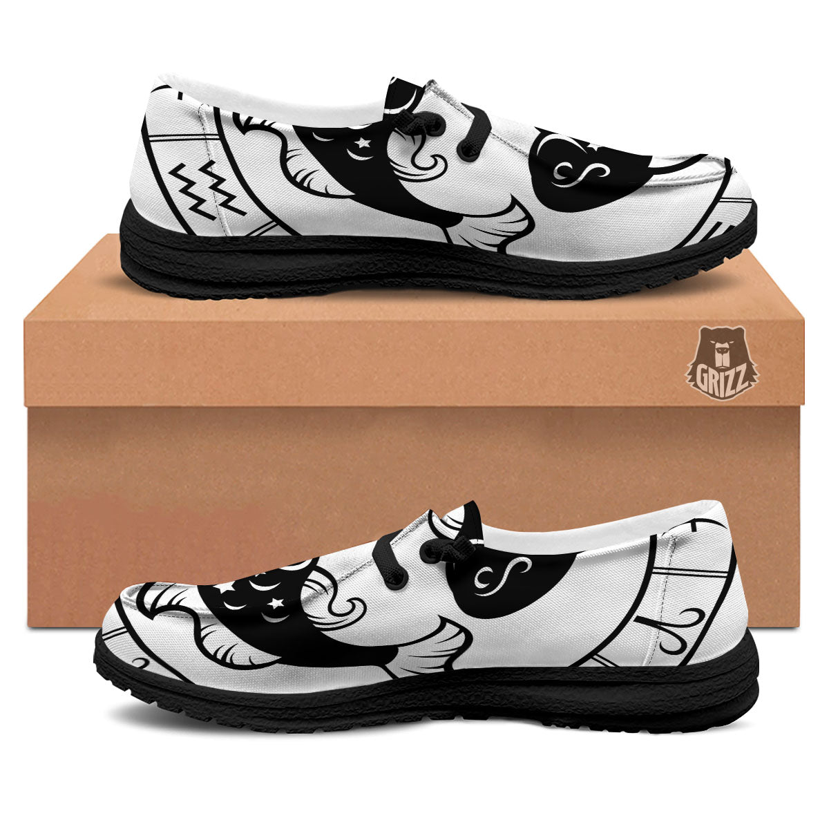Pisces Sign White And Black Print Black Loafers-grizzshop