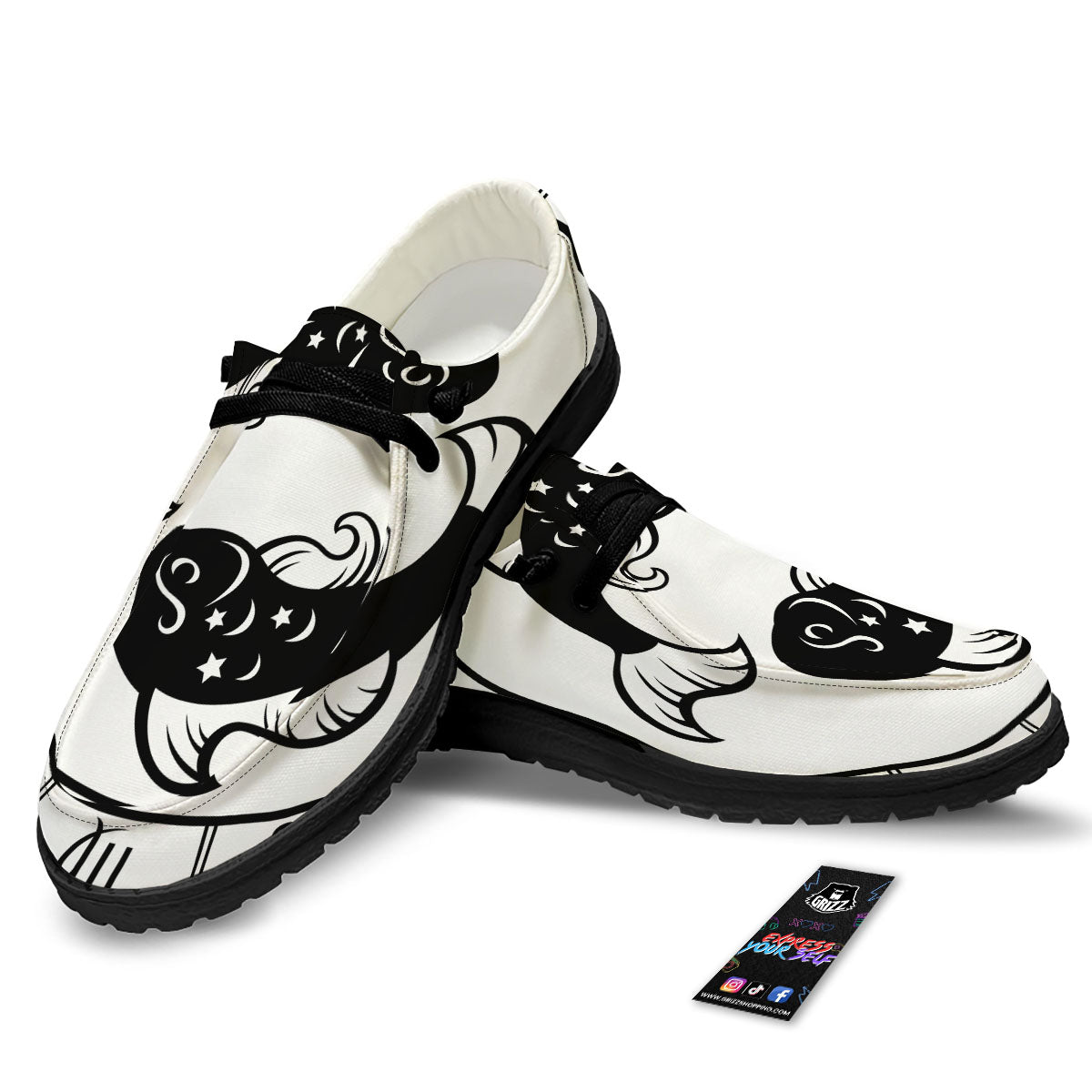 Pisces Sign White And Black Print Black Loafers-grizzshop