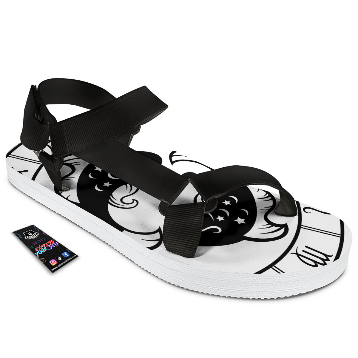 Pisces Sign White And Black Print Black Open Toe Sandals-grizzshop