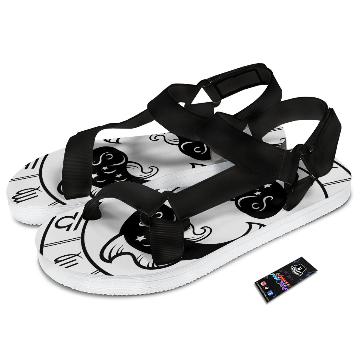 Pisces Sign White And Black Print Black Open Toe Sandals-grizzshop