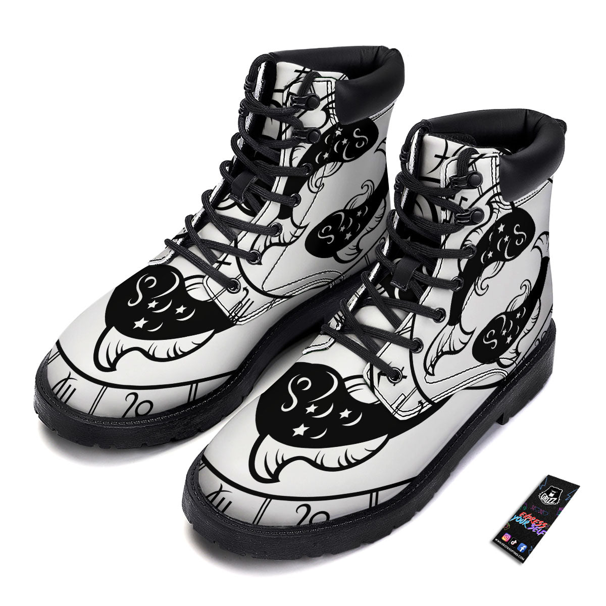 Pisces Sign White And Black Print Boots-grizzshop
