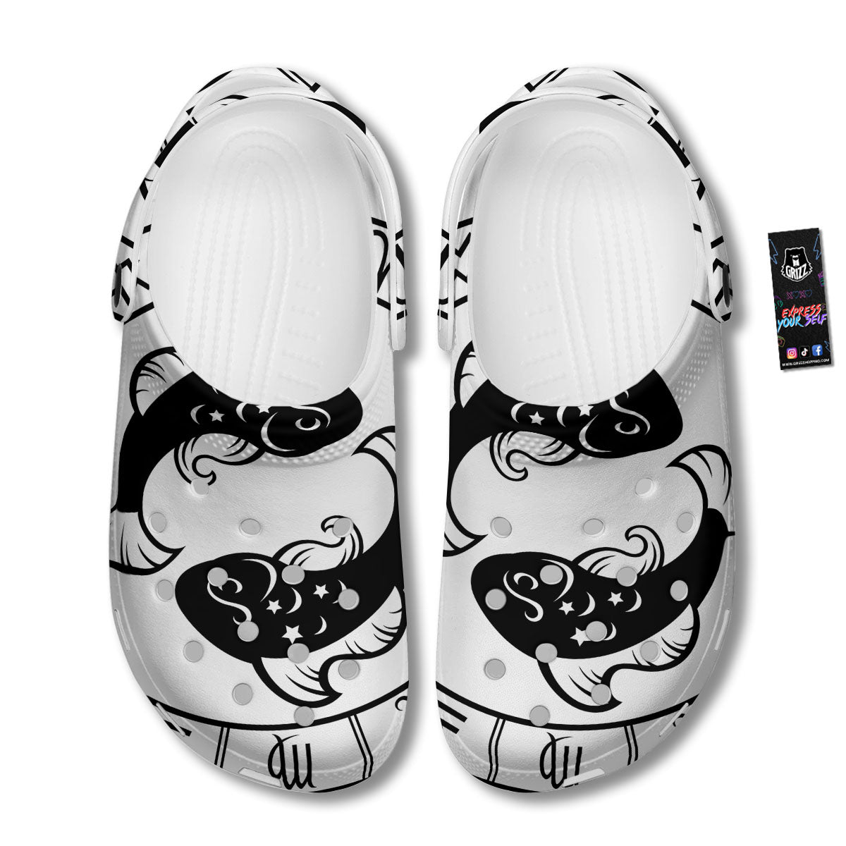 Pisces Sign White And Black Print Clog-grizzshop