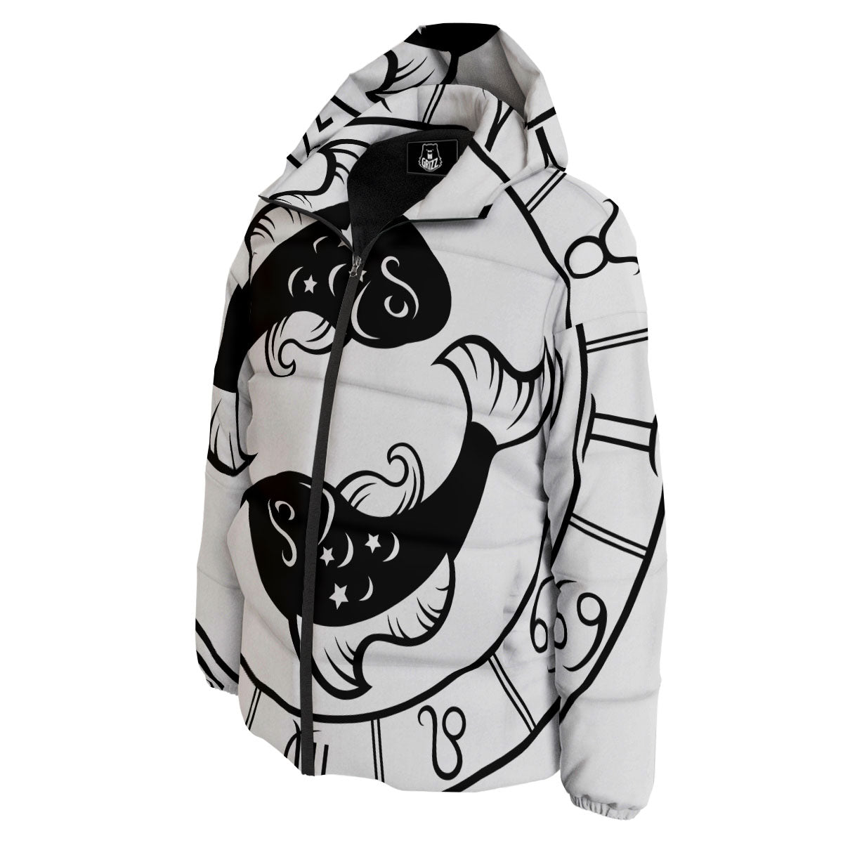 Pisces Sign White And Black Print Down Jacket-grizzshop