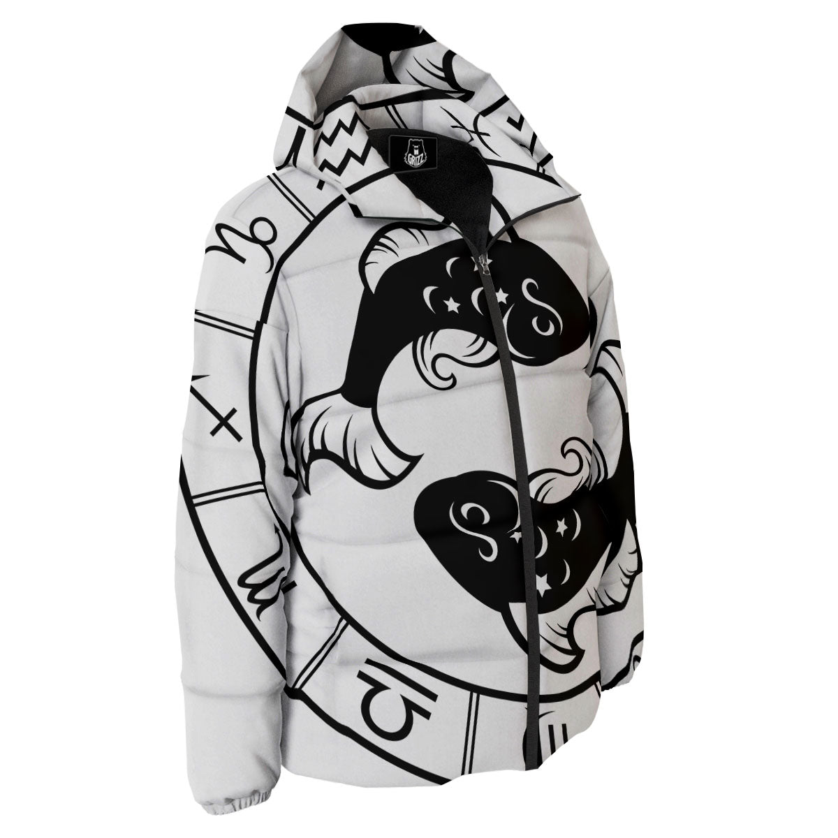 Pisces Sign White And Black Print Down Jacket-grizzshop