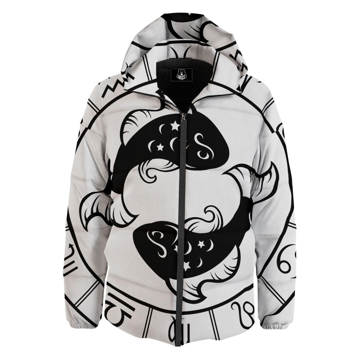Pisces Sign White And Black Print Down Jacket-grizzshop