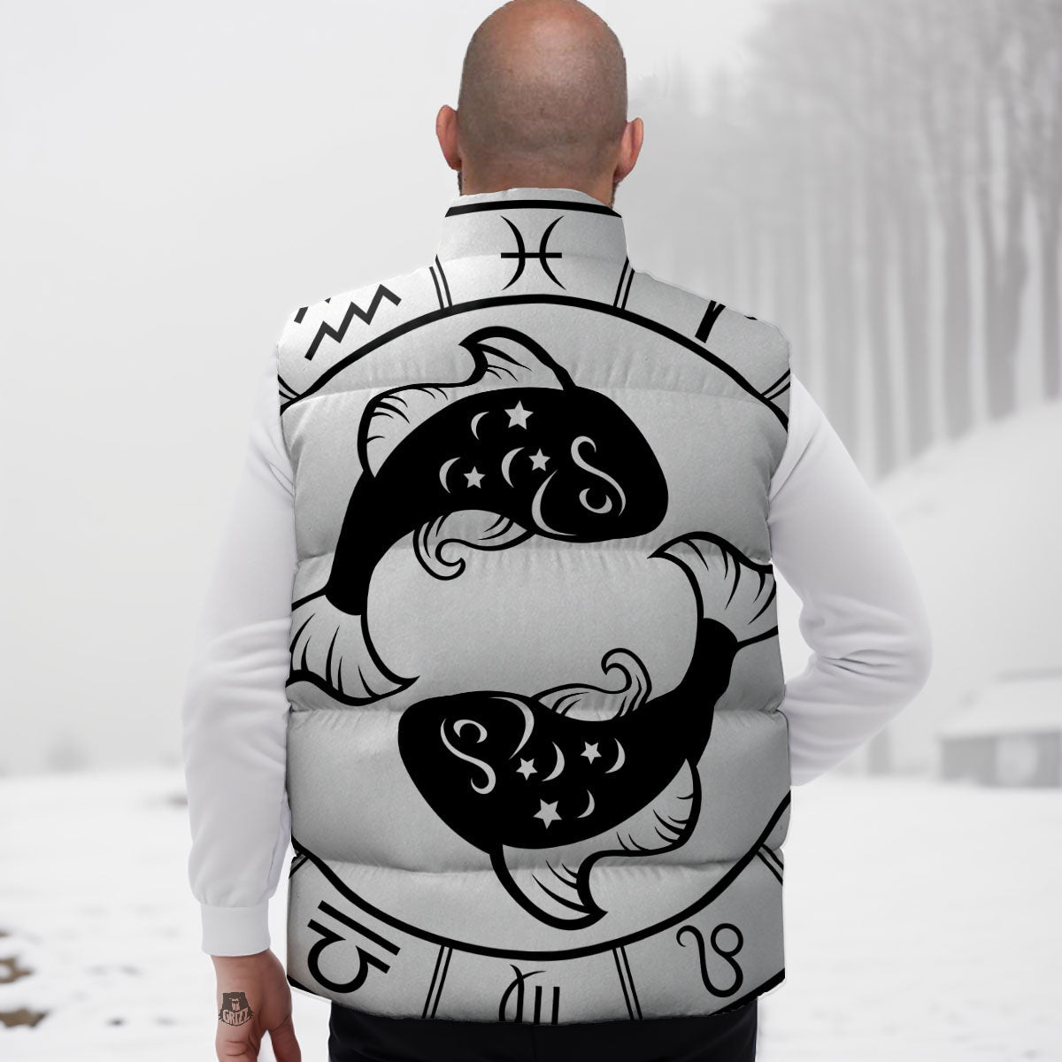 Pisces Sign White And Black Print Down Vest
