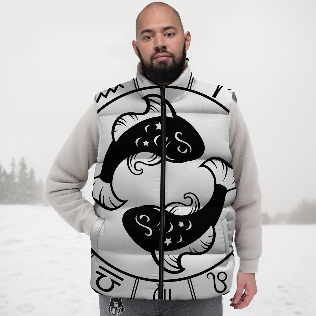 Pisces Sign White And Black Print Down Vest