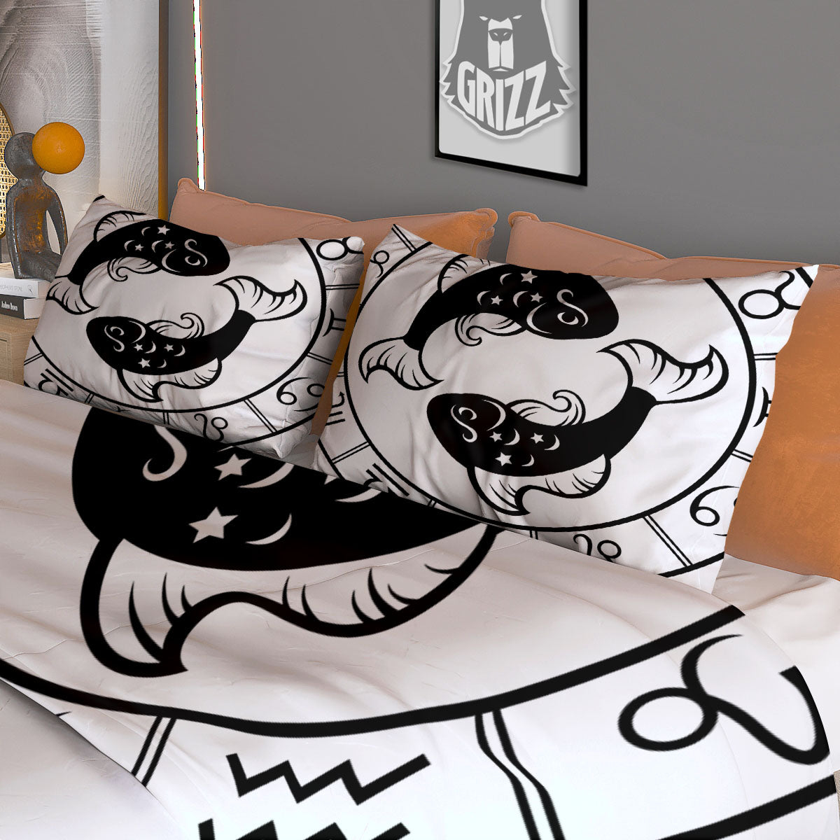 Pisces Sign White And Black Print Duvet Cover Bedding Set