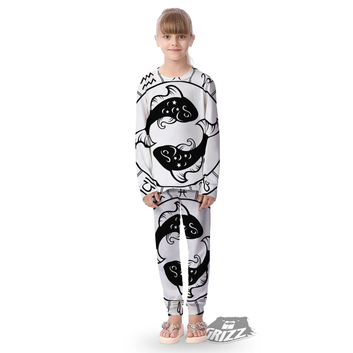 Pisces Sign White And Black Print Kid's Pajamas-grizzshop