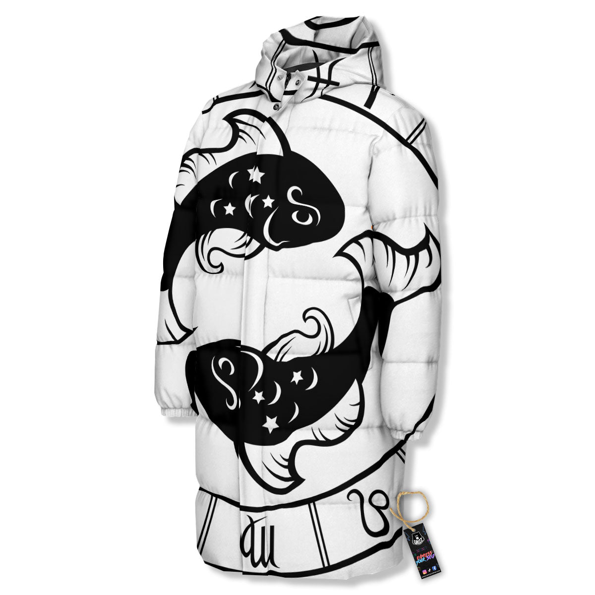 Pisces Sign White And Black Print Long Down Jacket-grizzshop