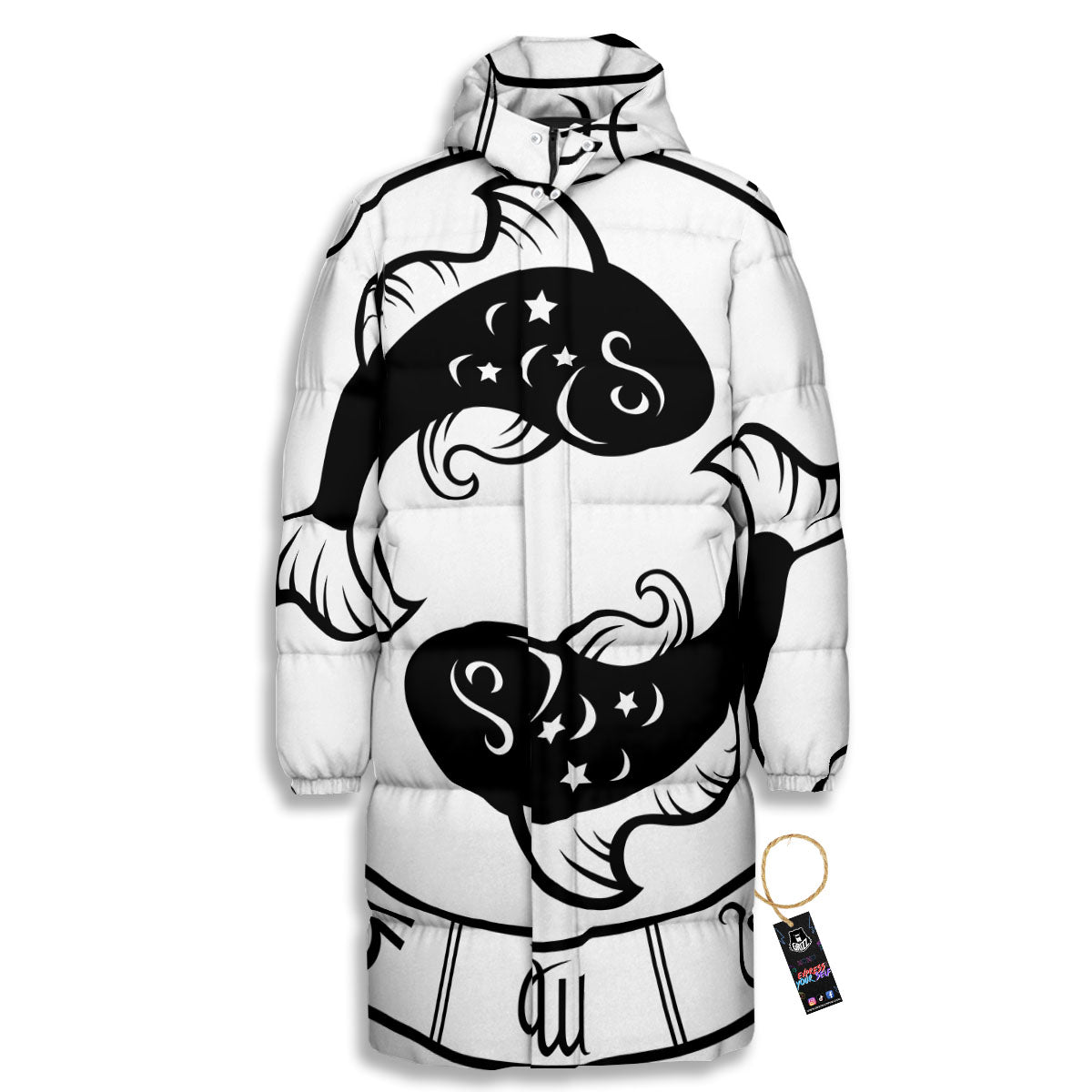 Pisces Sign White And Black Print Long Down Jacket-grizzshop