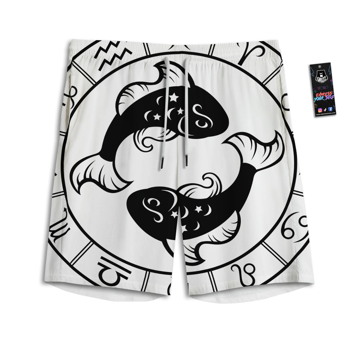 Pisces Sign White And Black Print Men's Athletic Shorts