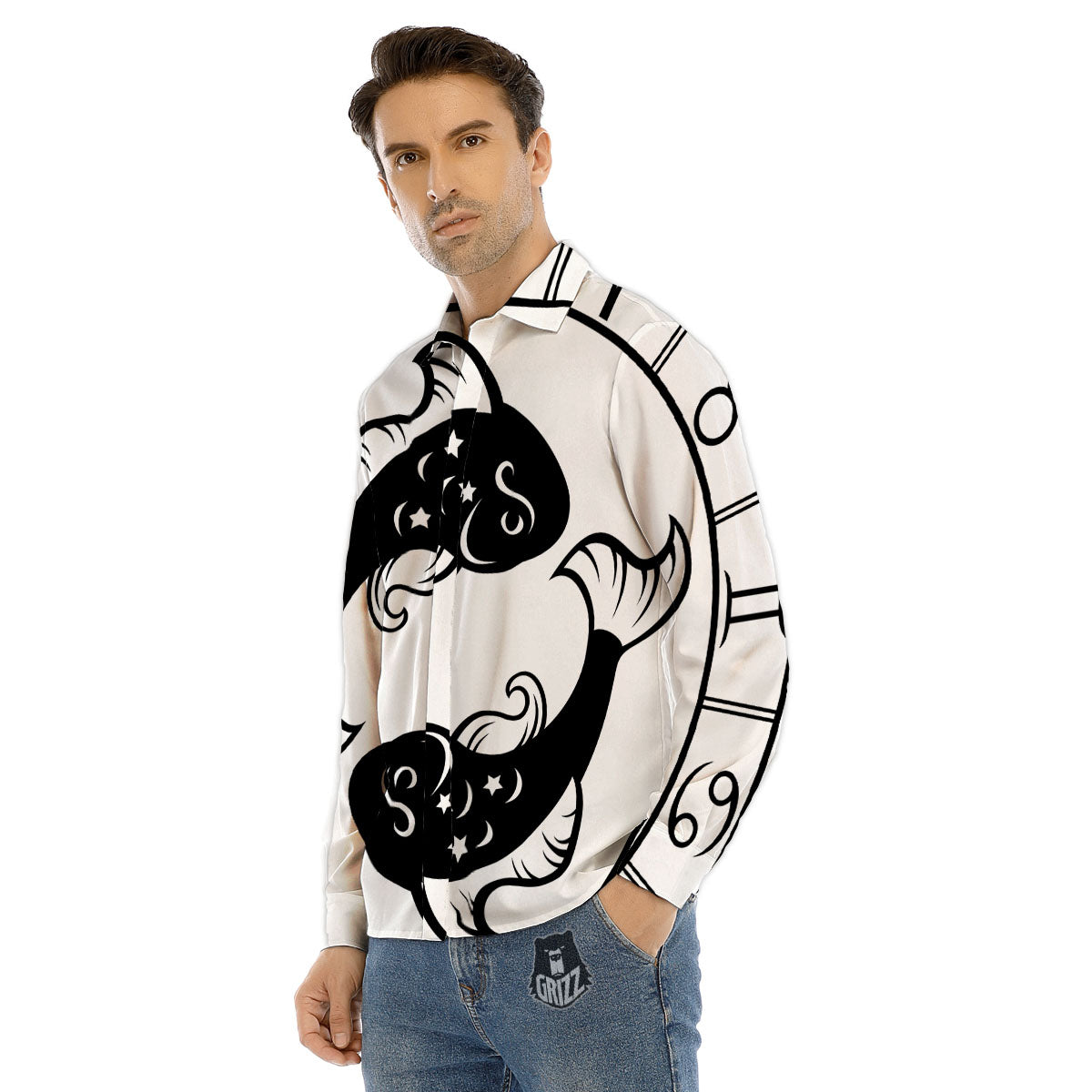 Pisces Sign White And Black Print Men's Dress Shirts-grizzshop
