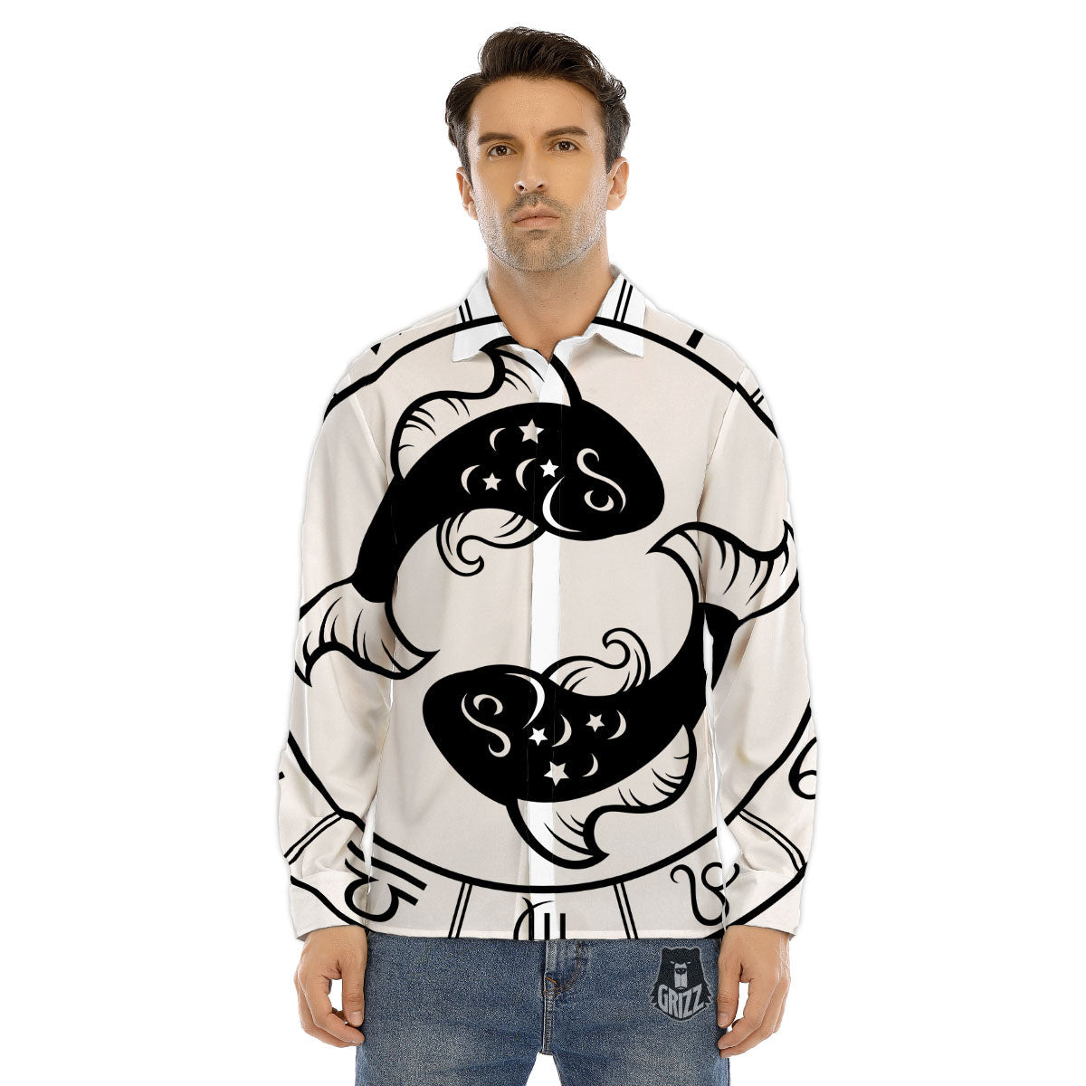 Pisces Sign White And Black Print Men's Dress Shirts-grizzshop
