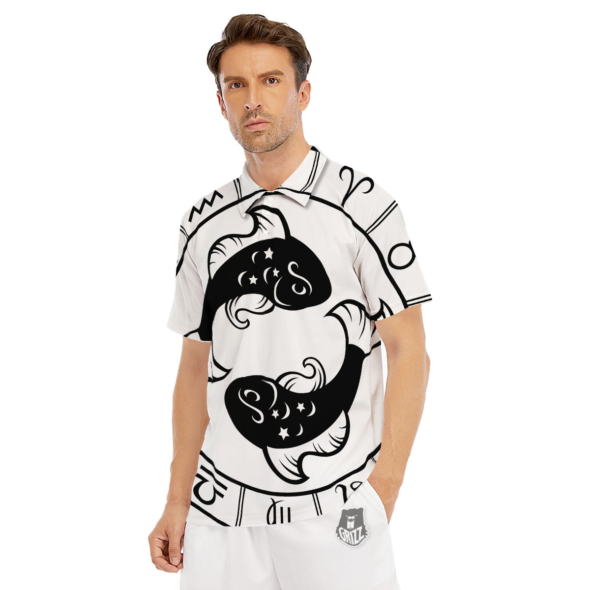 Pisces Sign White And Black Print Men's Golf Shirts-grizzshop