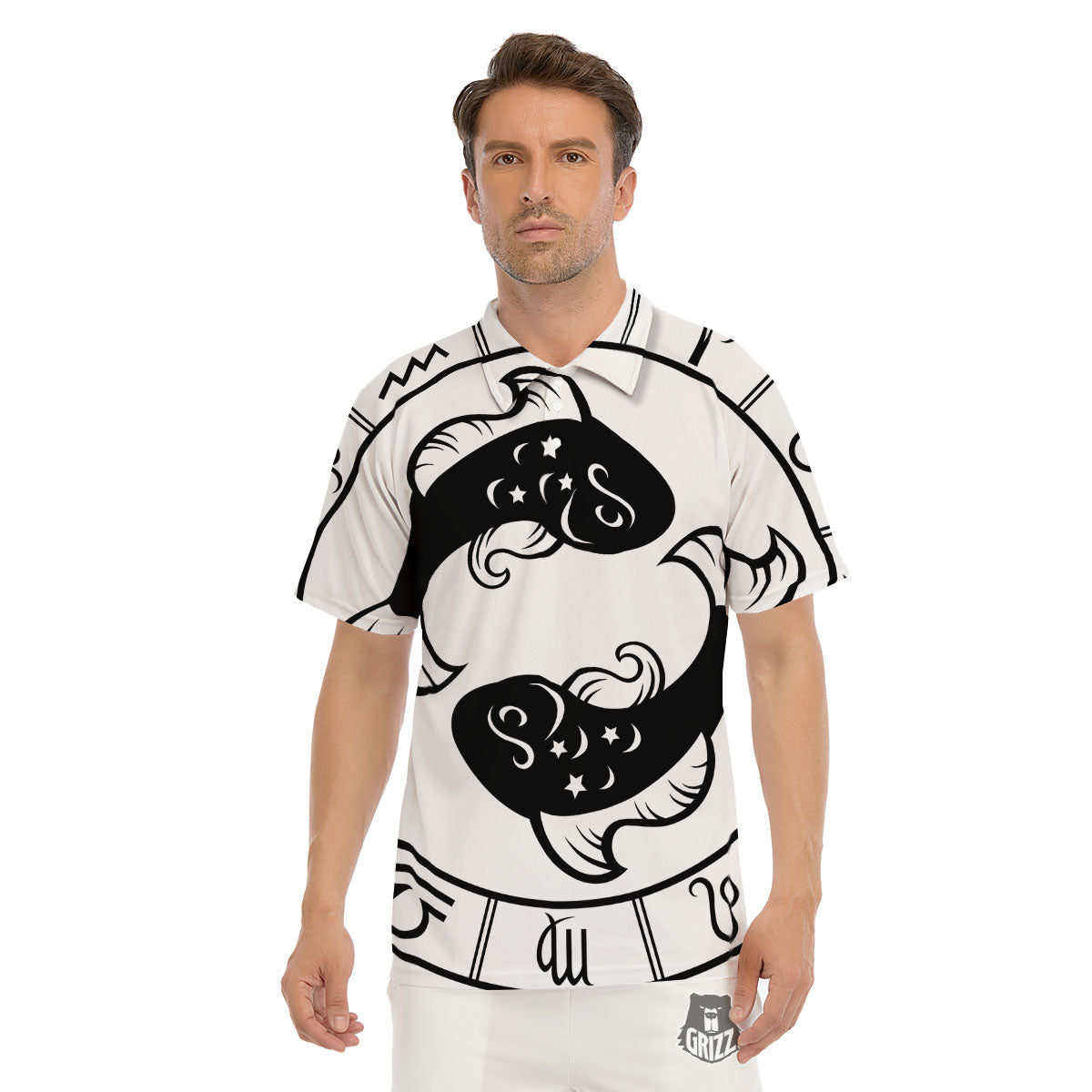 Pisces Sign White And Black Print Men's Golf Shirts-grizzshop