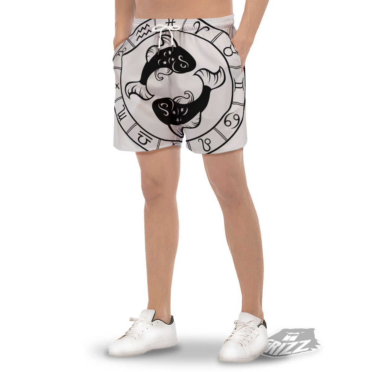 Pisces Sign White And Black Print Men's Gym Shorts-grizzshop