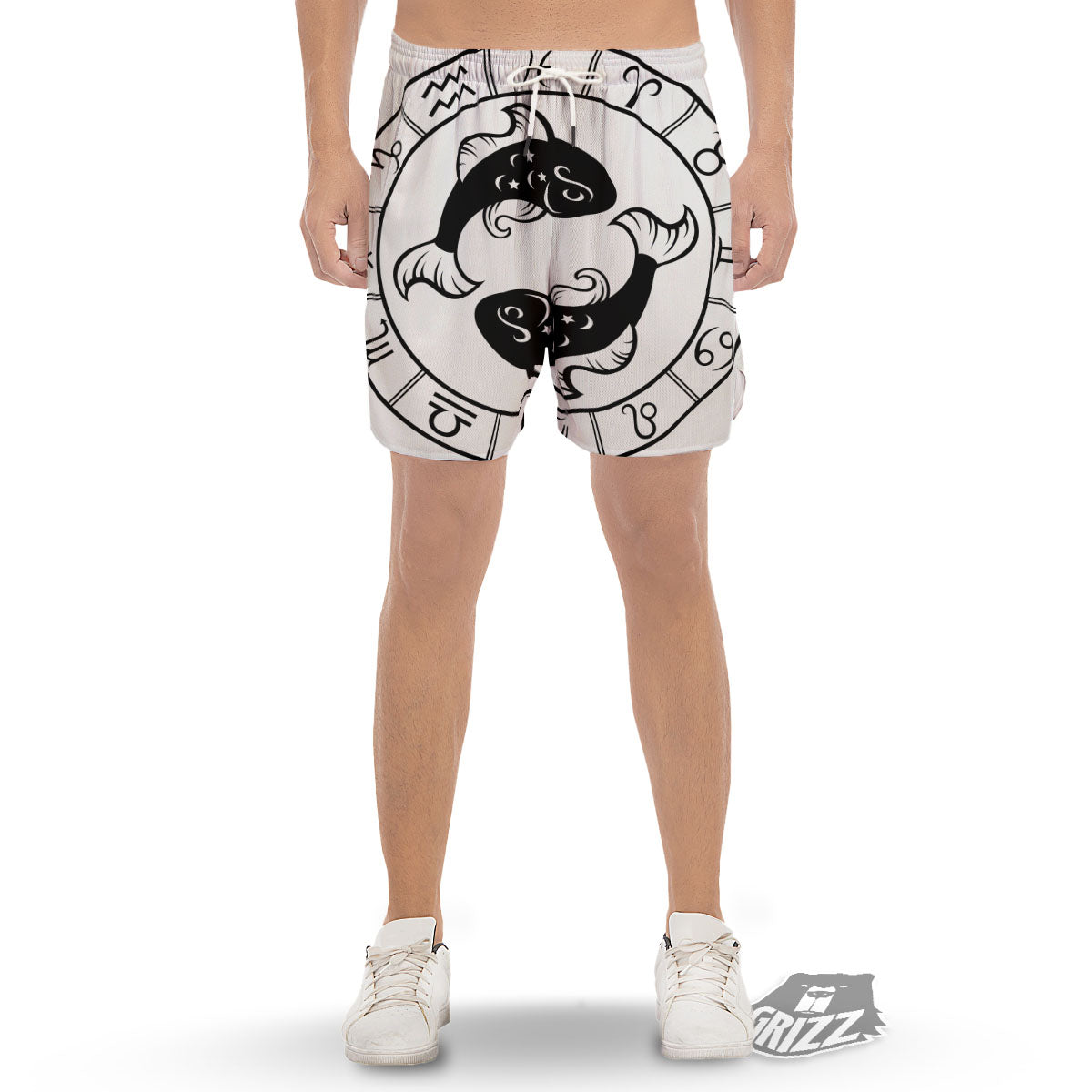 Pisces Sign White And Black Print Men's Gym Shorts-grizzshop