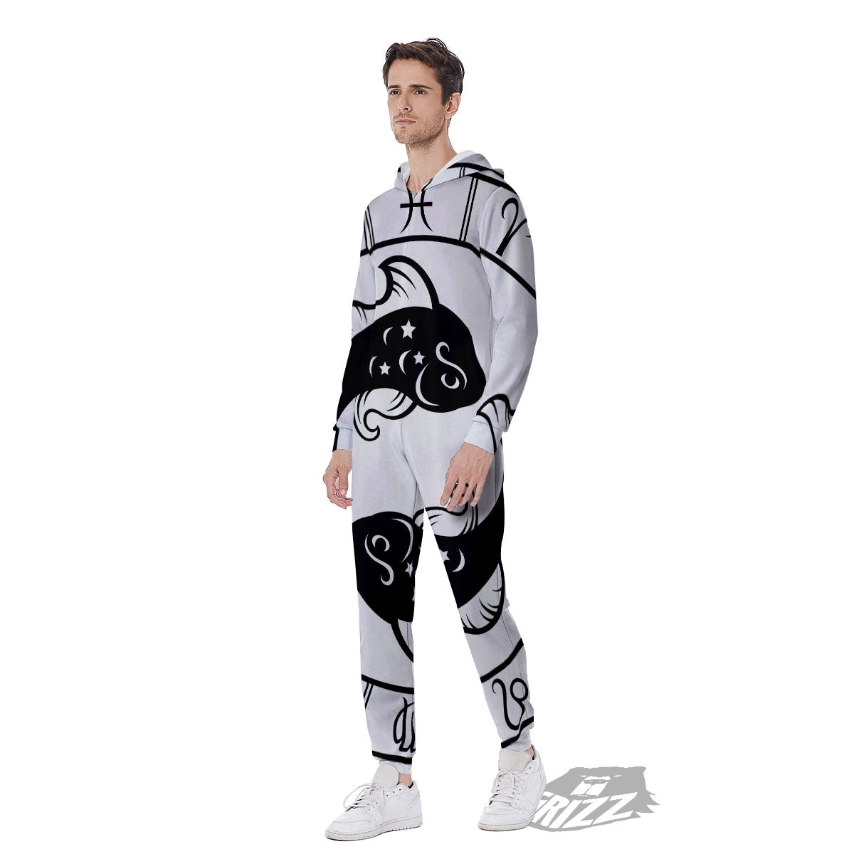 Pisces Sign White And Black Print Men's Jumpsuit-grizzshop