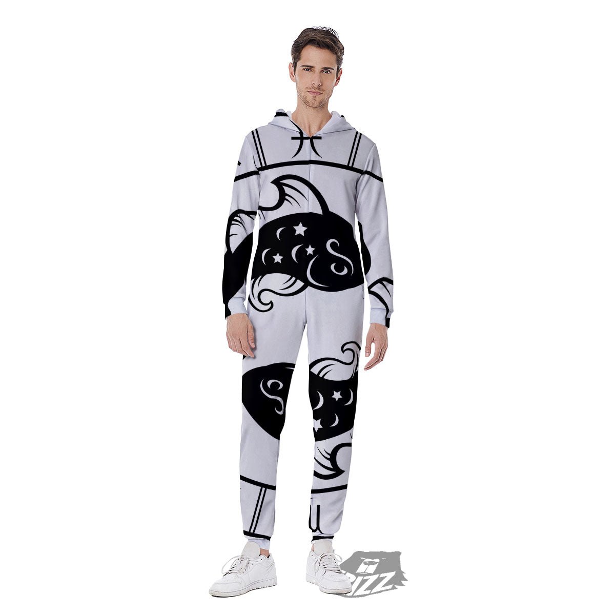 Pisces Sign White And Black Print Men's Jumpsuit-grizzshop