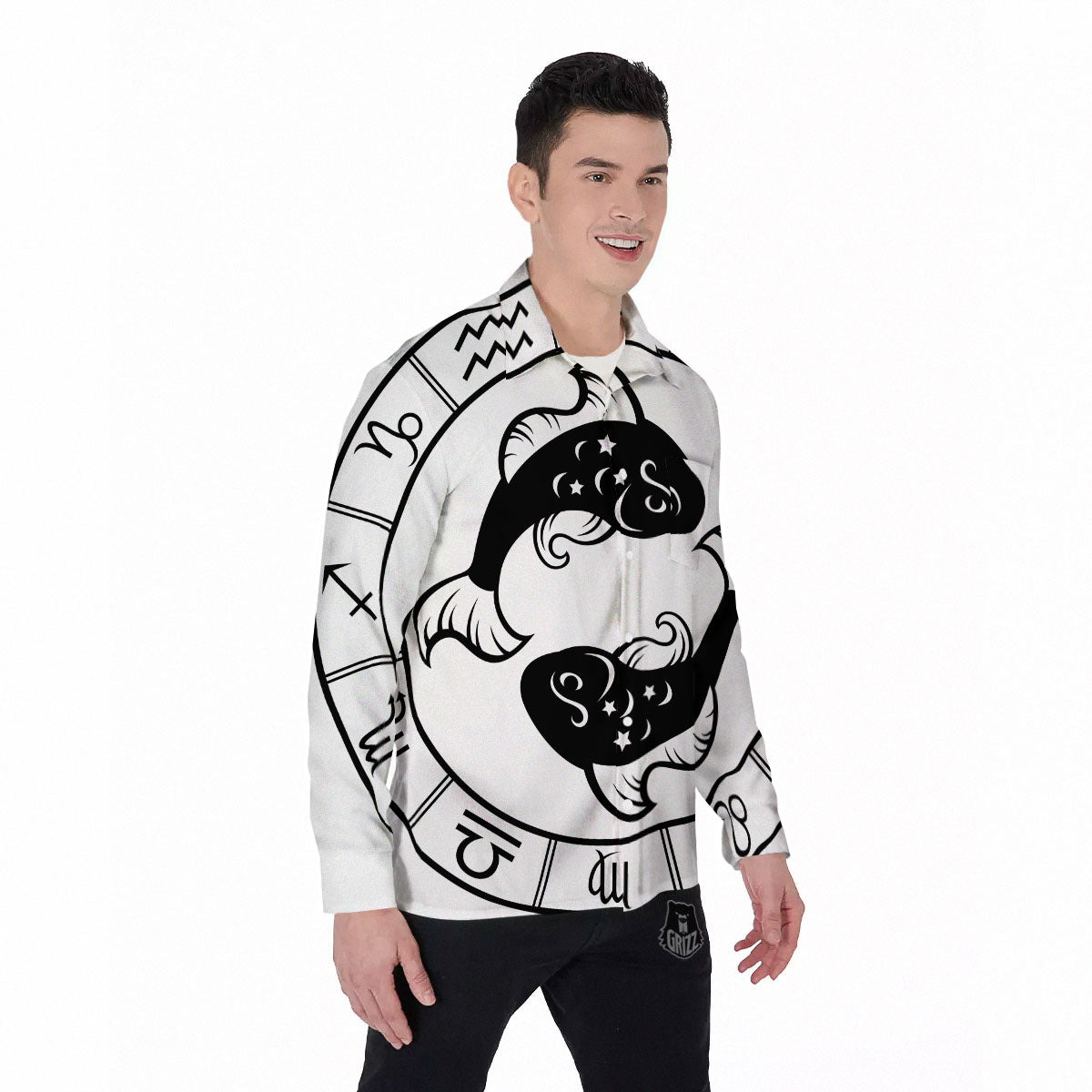 Pisces Sign White And Black Print Men's Long Sleeve Shirts-grizzshop